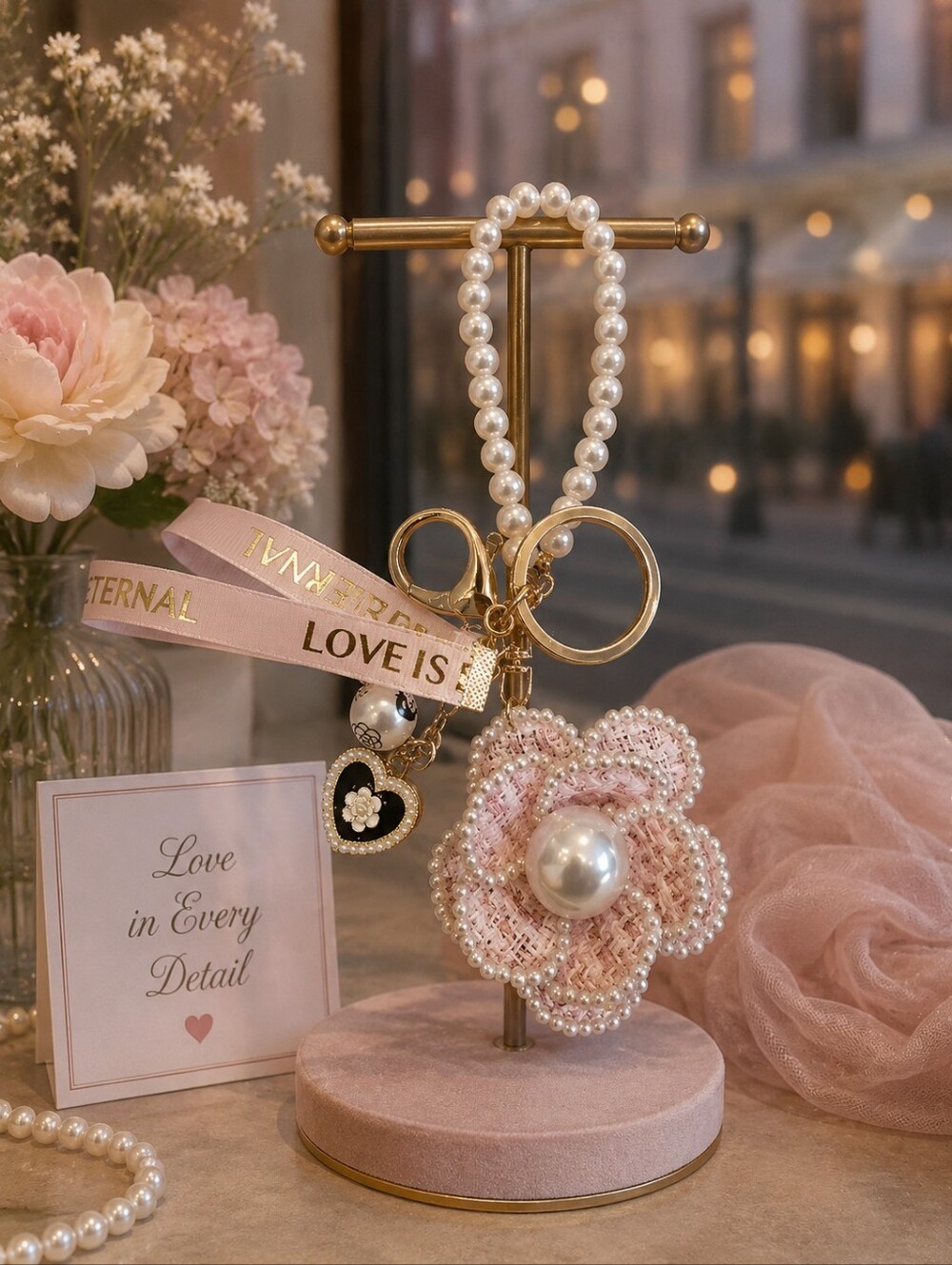 Pink & White Camellia Key Charm Wristlet